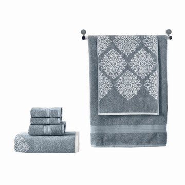 Eula Modern 6 Piece Cotton Towel Set, Stylish Damask Pattern, Slate Blue By Casagear Home