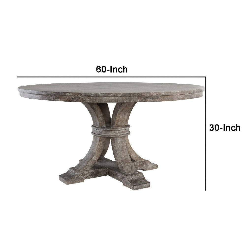 60 Inch Classic Round Wood Dining Table Pedestal Handcrafted Gray Brown By Casagear Home BM284508