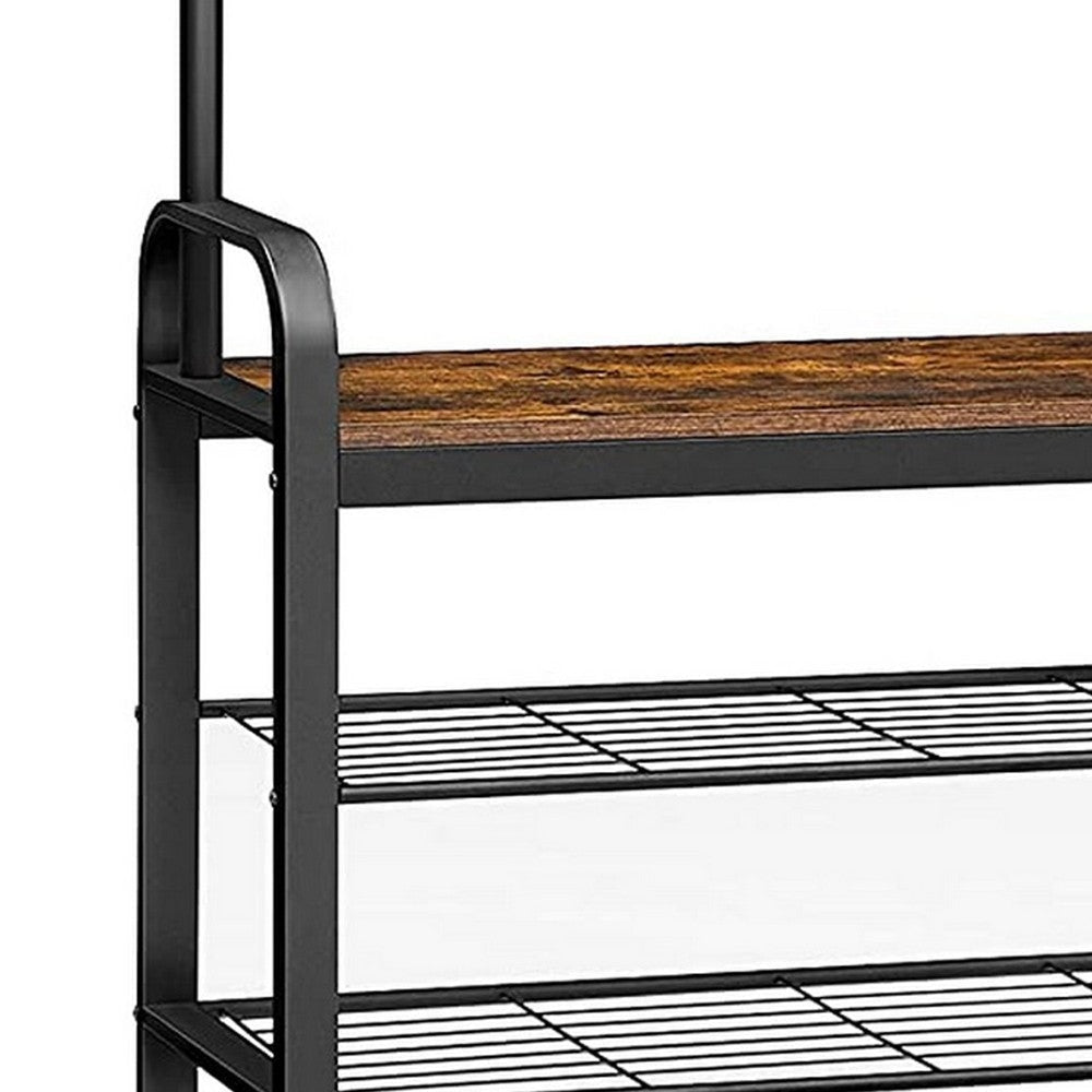 Ann 72 Inch Hallway Tree Shoe Bench 9 Hooks Slatted Metal Shelf Brown By Casagear Home BM284551