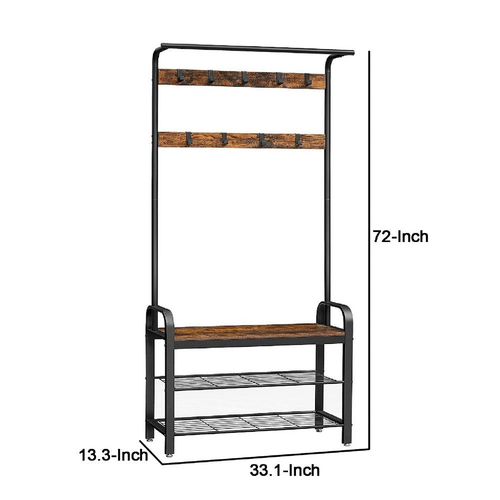 Ann 72 Inch Hallway Tree Shoe Bench 9 Hooks Slatted Metal Shelf Brown By Casagear Home BM284551