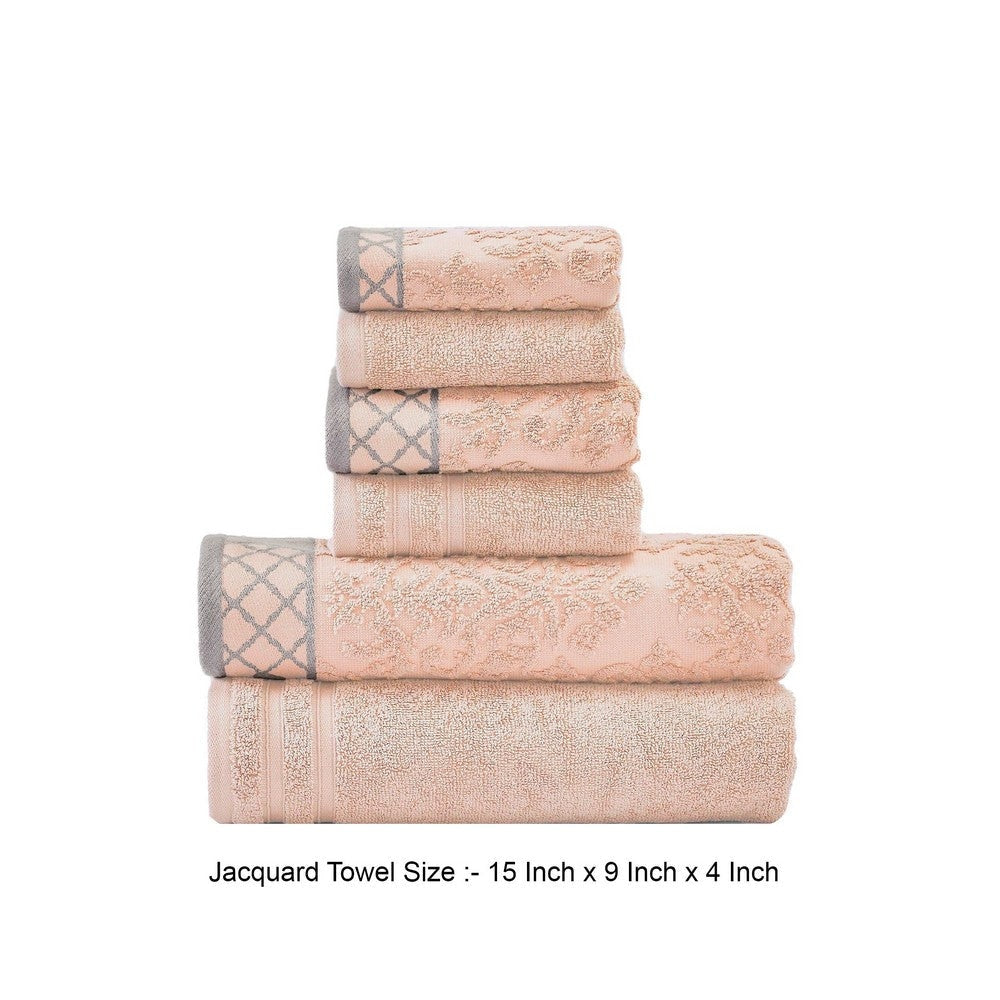 Noa 6 Piece Soft Egyptian Cotton Towel Set Solid Damask Pattern Trim Pink By Casagear Home BM284600