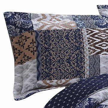 Mai 3 Piece King Cotton Quilt Set Patchwork Reversible Blue Rust Brown By Casagear Home BM284609