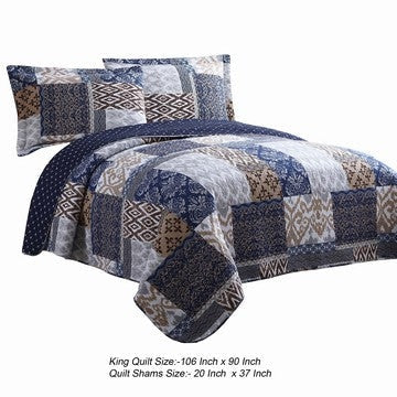 Mai 3 Piece King Cotton Quilt Set Patchwork Reversible Blue Rust Brown By Casagear Home BM284609