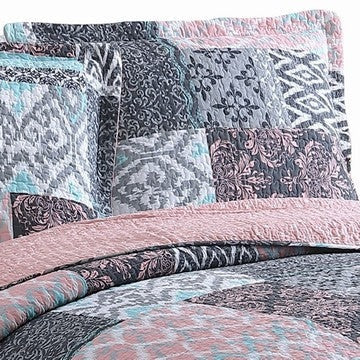 Mai 3 Piece King Cotton Quilt Set Damask Patchwork Reversible Blue By Casagear Home BM284611