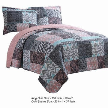 Mai 3 Piece King Cotton Quilt Set Damask Patchwork Reversible Blue By Casagear Home BM284611