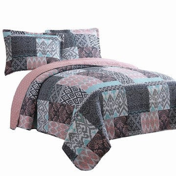 Mai 3 Piece King Cotton Quilt Set, Damask, Patchwork, Reversible, Blue By Casagear Home