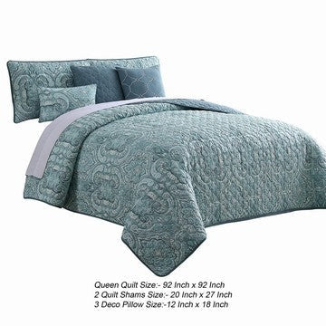 Joe 6 Piece Queen Microfiber Quilt Set Medallion Design Reversible Blue By Casagear Home BM284612