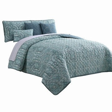 Joe 6 Piece Queen Microfiber Quilt Set, Medallion Design, Reversible, Blue By Casagear Home