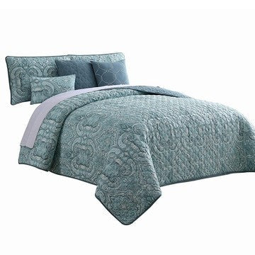 Joe 6 Piece King Microfiber Quilt Set, Medallion Design, Reversible, Blue By Casagear Home