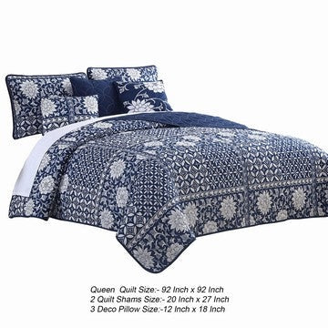 Ann 6 Piece Queen Size Polyester Quilt Set Flowers Reversible Navy Blue By Casagear Home BM284614