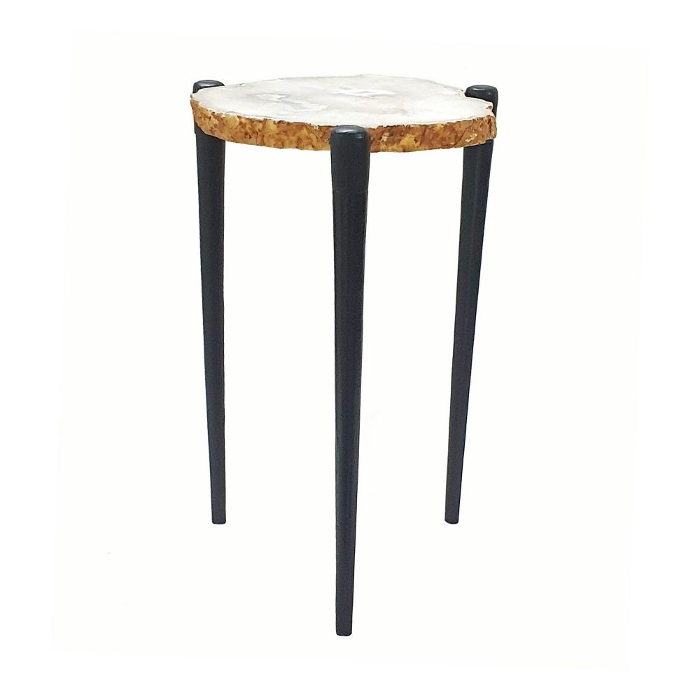 18 Inch Side Table, Agate Stone Top, Aluminum Tri Legs, Modern, White By Casagear Home