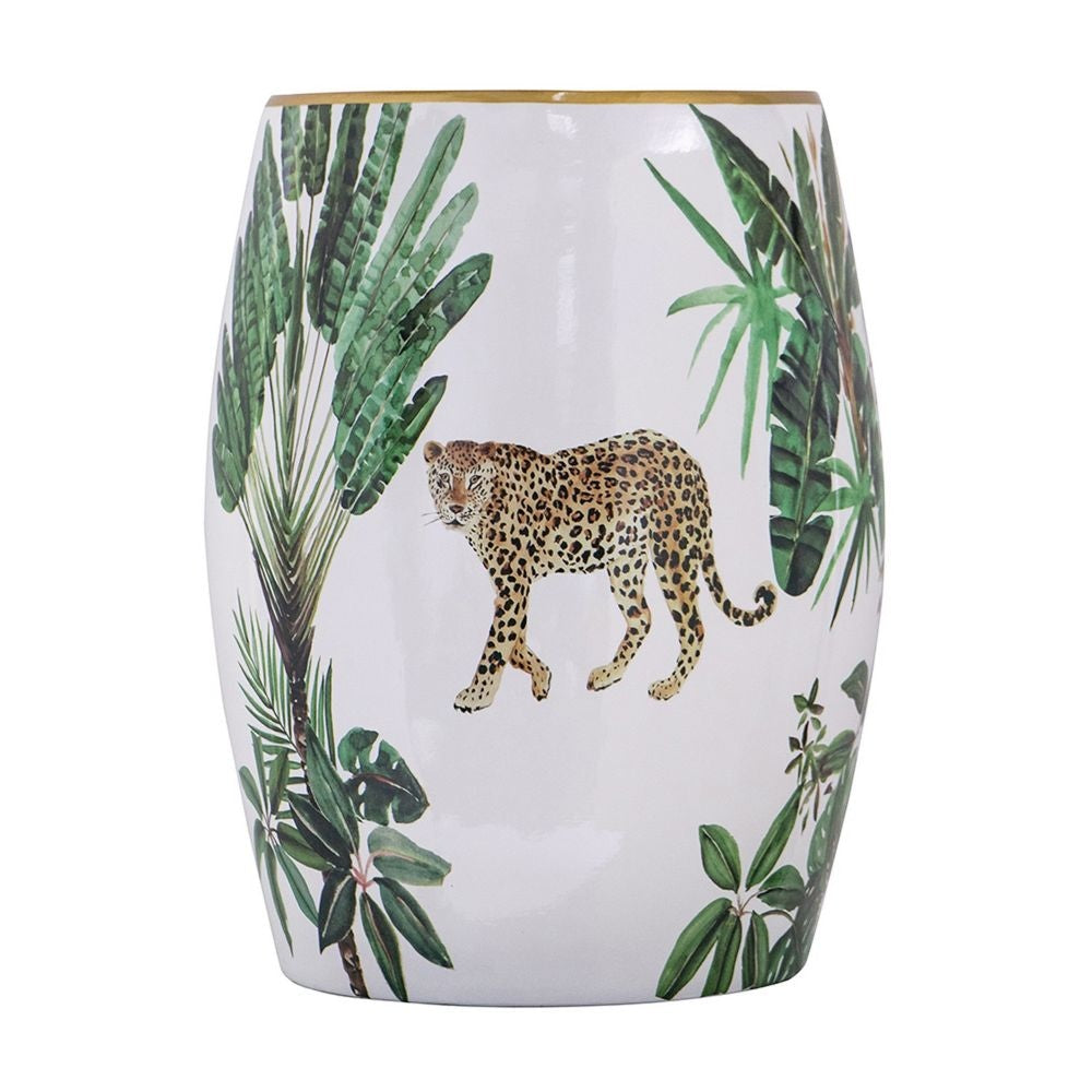 18 Inch Ceramic Accent Table Drum Shape Tropical Print White Green By Casagear Home BM284698