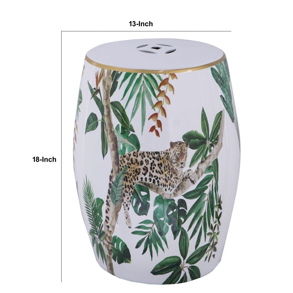 18 Inch Ceramic Accent Table Drum Shape Tropical Print White Green By Casagear Home BM284698