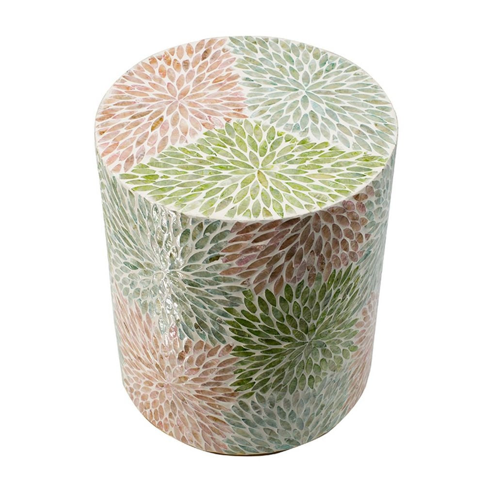 14 Inch Cylindrical Capiz Shell Accent Table Stool Elegant Leaves Pattern By Casagear Home BM284711