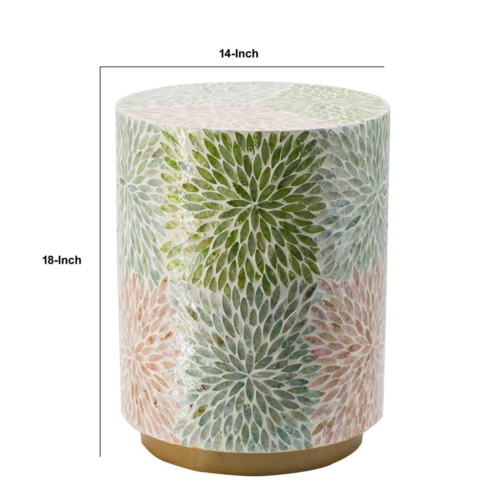 14 Inch Cylindrical Capiz Shell Accent Table Stool Elegant Leaves Pattern By Casagear Home BM284711