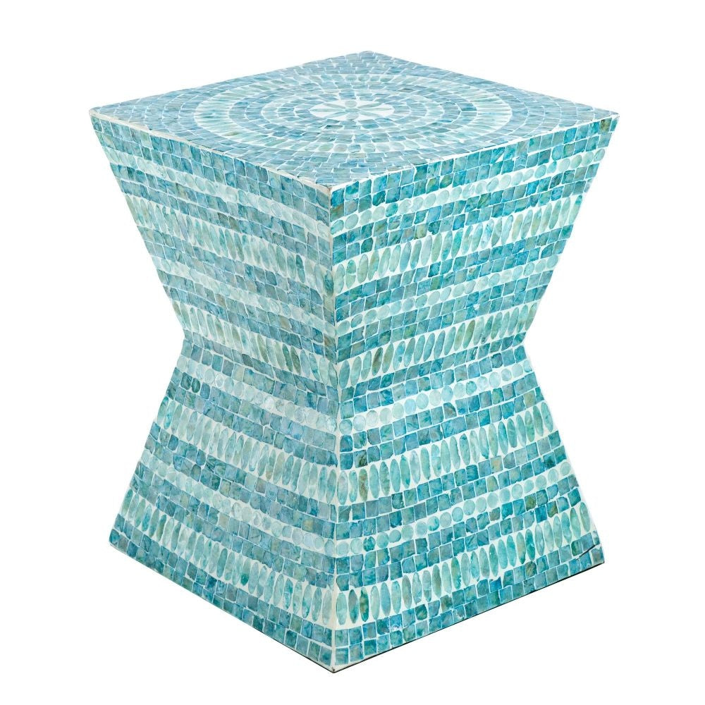 14 Inch Capiz Accent Table Stool, Blue Mosaic Geometric Hourglass Shape By Casagear Home