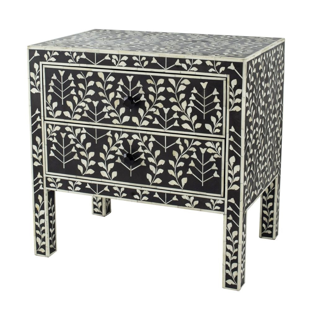 24 Inch Storage Chest, 2 Drawers, Bone Inlay, Floral Pattern, Modern, Black By Casagear Home