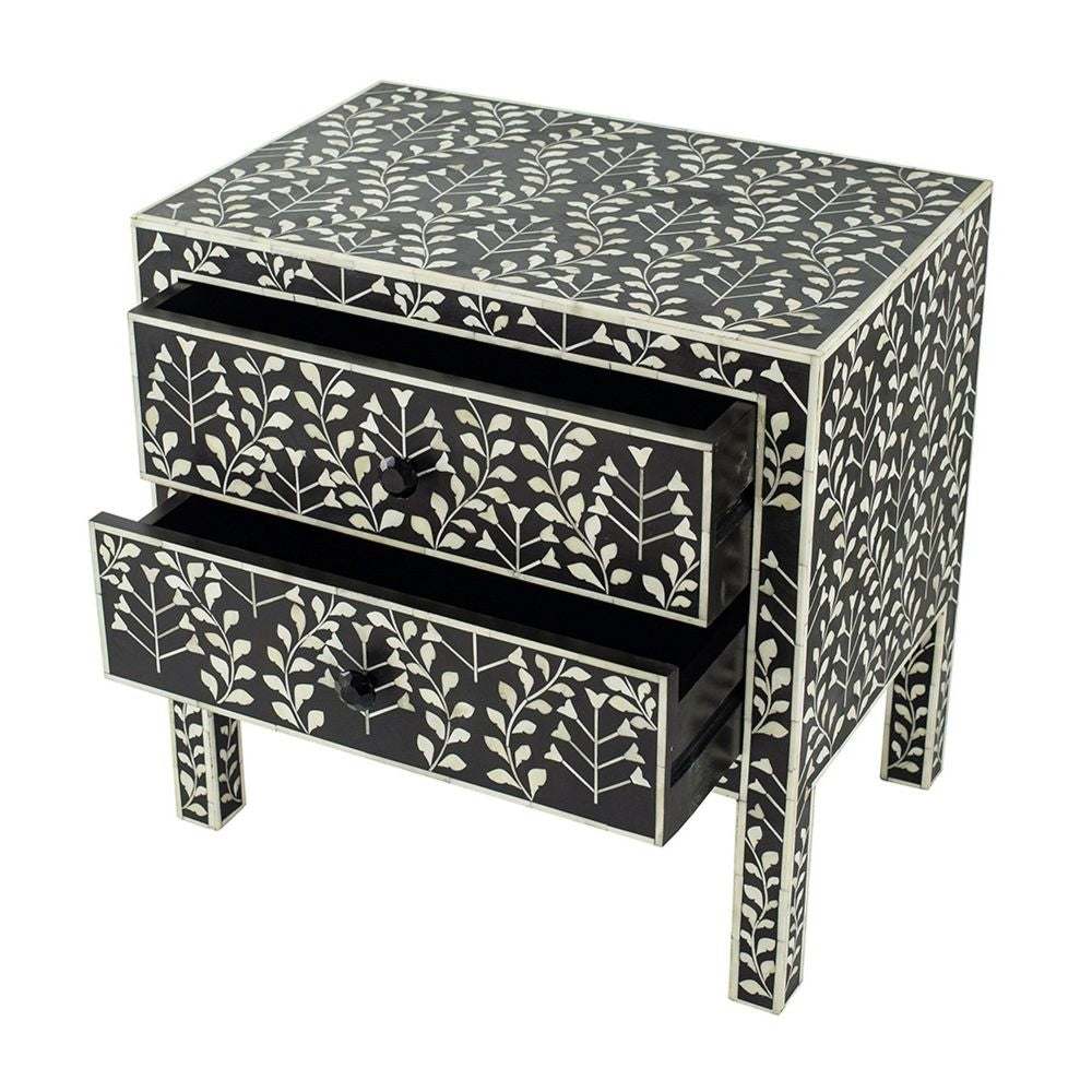 24 Inch Storage Chest 2 Drawers Bone Inlay Floral Pattern Modern Black By Casagear Home BM284744