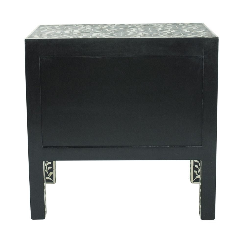 24 Inch Storage Chest 2 Drawers Bone Inlay Floral Pattern Modern Black By Casagear Home BM284744