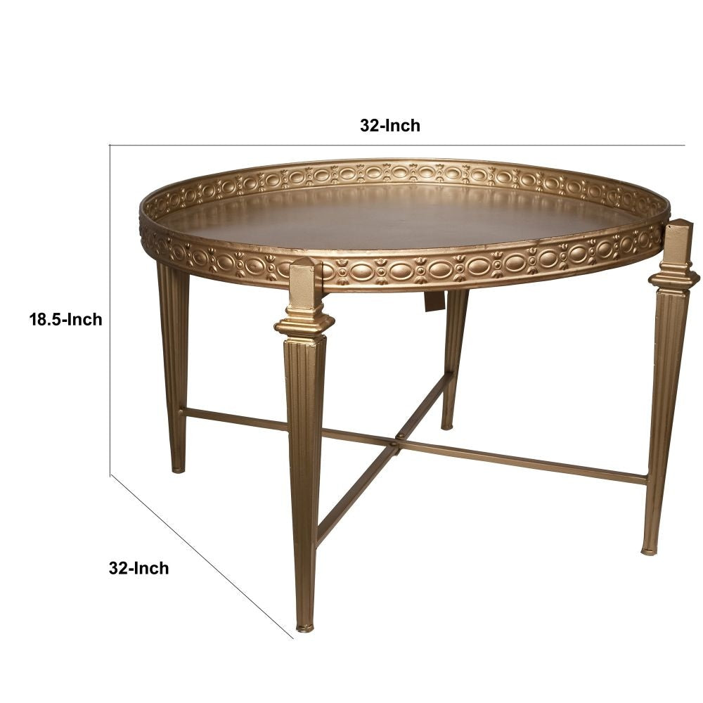 32 Inch Metal Cocktail Table Circular Pattern Edged Round Top Copper By Casagear Home BM284762