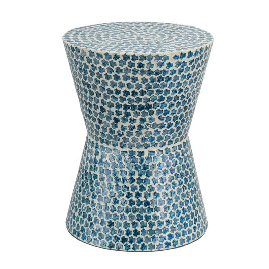 Ivy 20 Inch Luxury Accent Table Stool, Mosaic Tile Pattern, White, Blue By Casagear Home