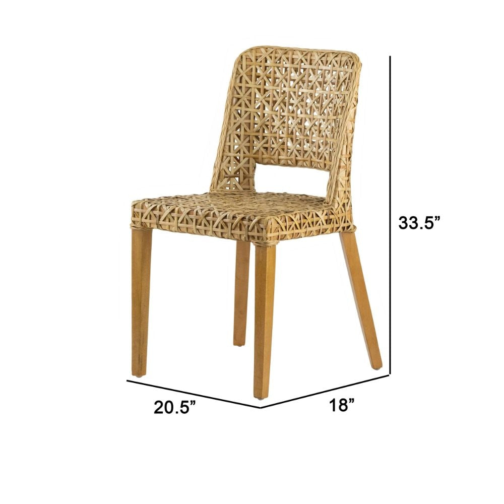 21 Inch Dining Side Chair Woven Rattan Backrest Wood Frame Natural Brown By Casagear Home BM284782