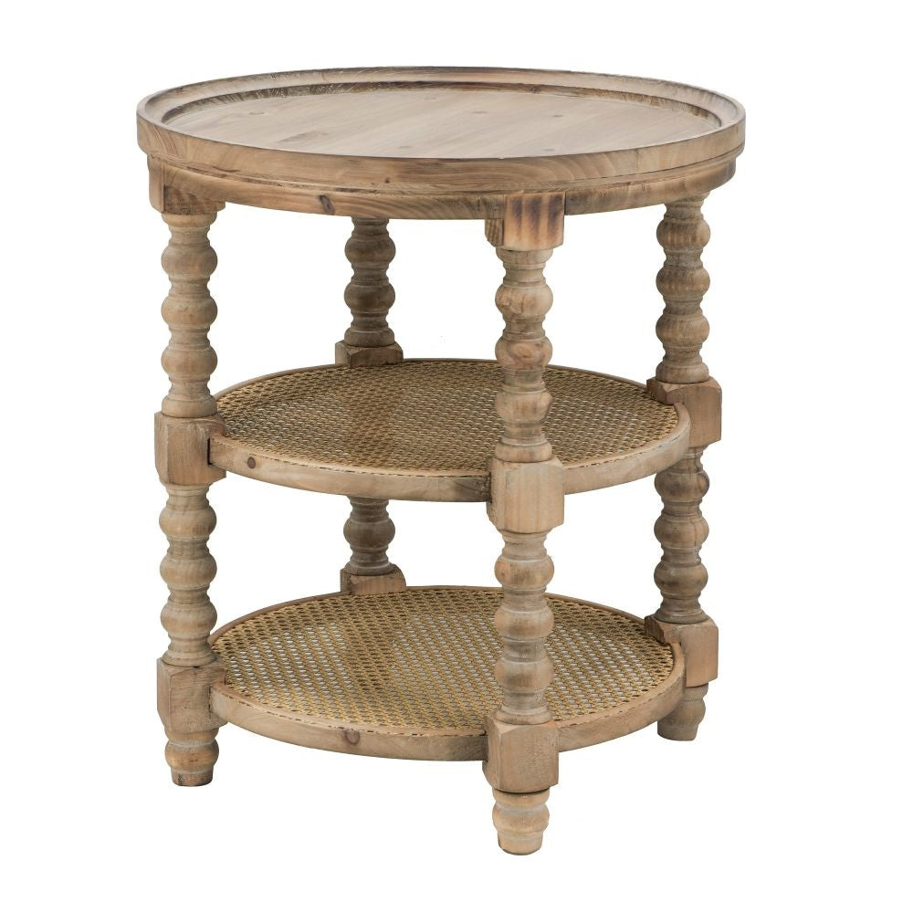 Jake 25 Inch 3 Tier Side Table, Fir Wood, 2 Woven Wicker Shelves, Brown By Casagear Home