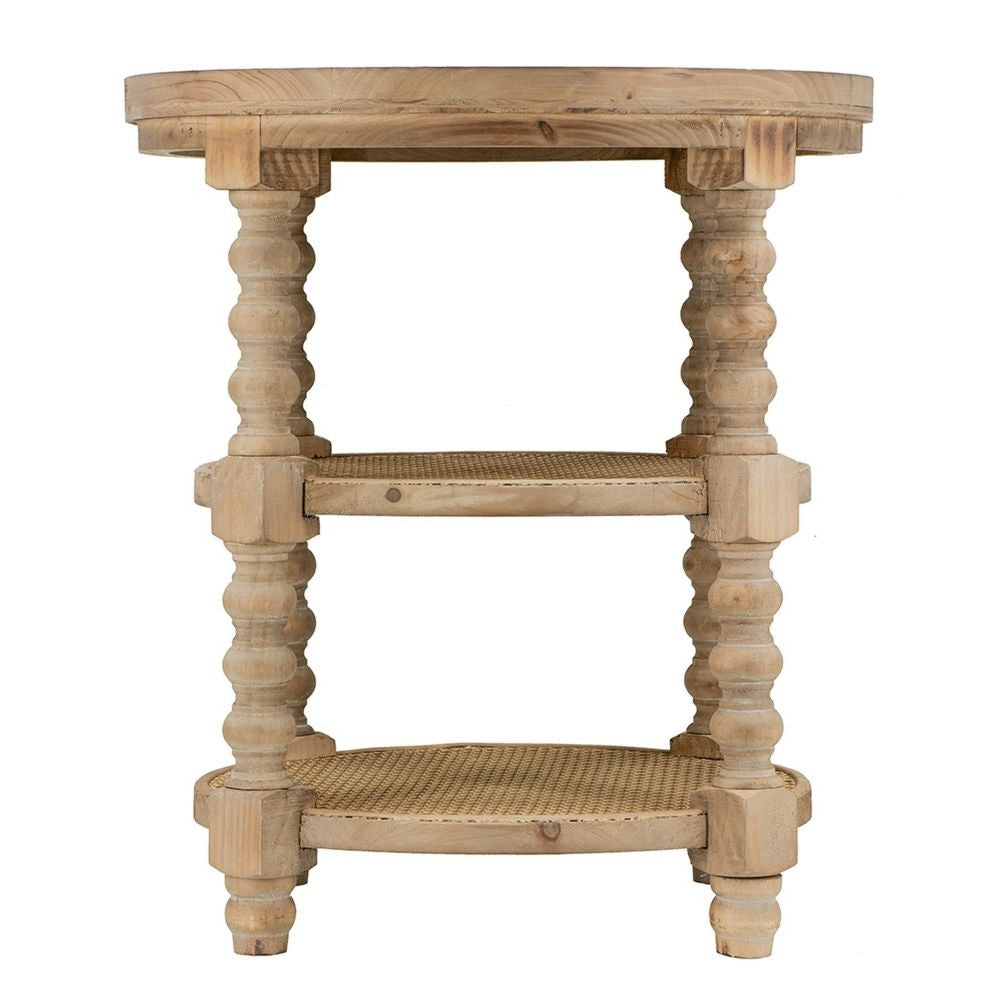 Jake 25 Inch 3 Tier Side Table Fir Wood 2 Woven Wicker Shelves Brown By Casagear Home BM284795