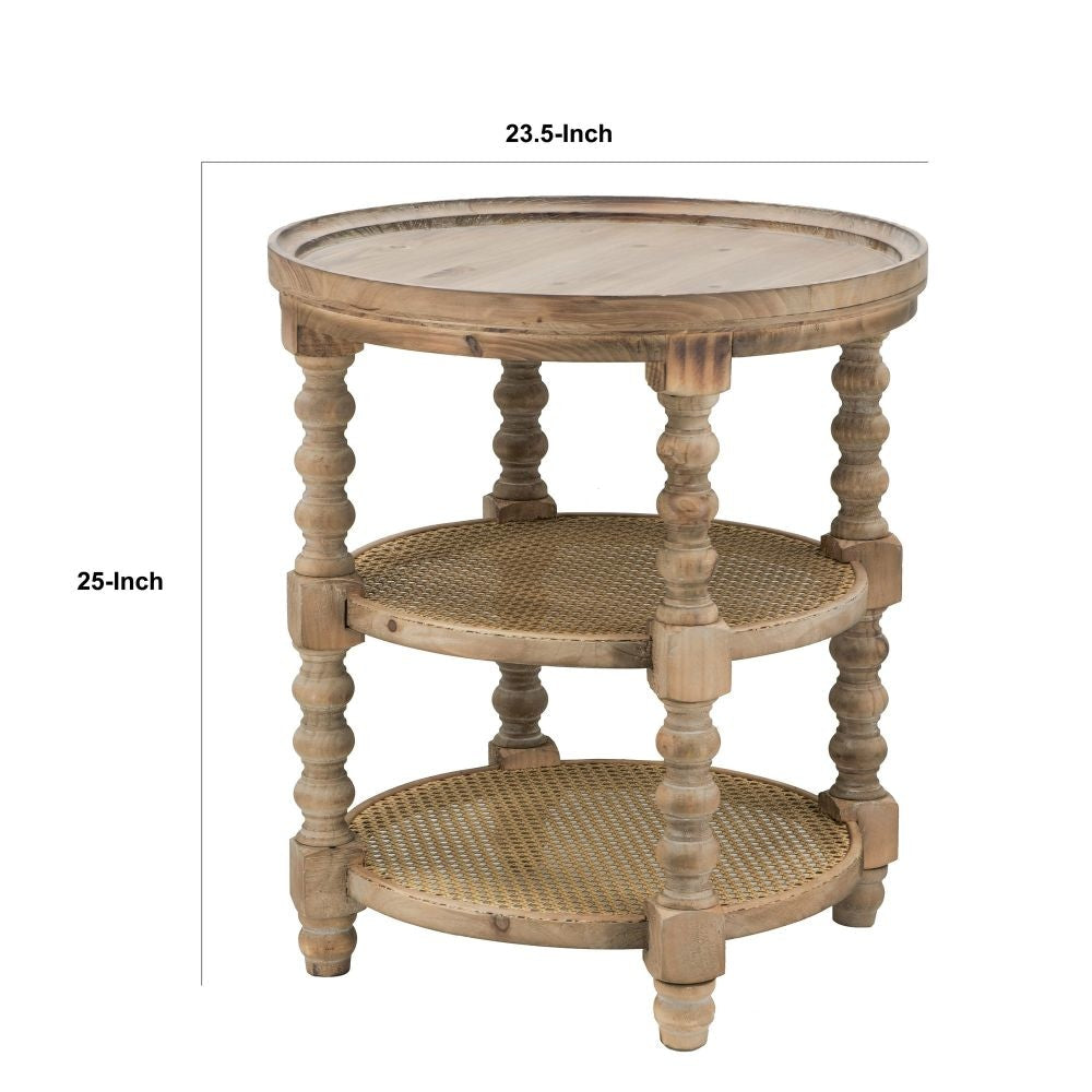 Jake 25 Inch 3 Tier Side Table Fir Wood 2 Woven Wicker Shelves Brown By Casagear Home BM284795