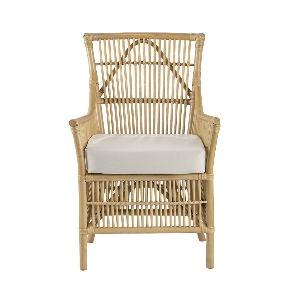 23 Inch Rattan Dining Armchair White Fabric Padded Seat Natural Brown By Casagear Home BM284802