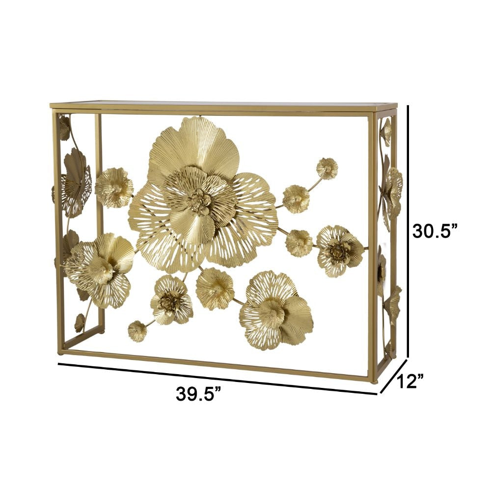 39 Inch Mirrored Top Console Table Elegant Floral Design Iron Matte Gold By Casagear Home BM284804