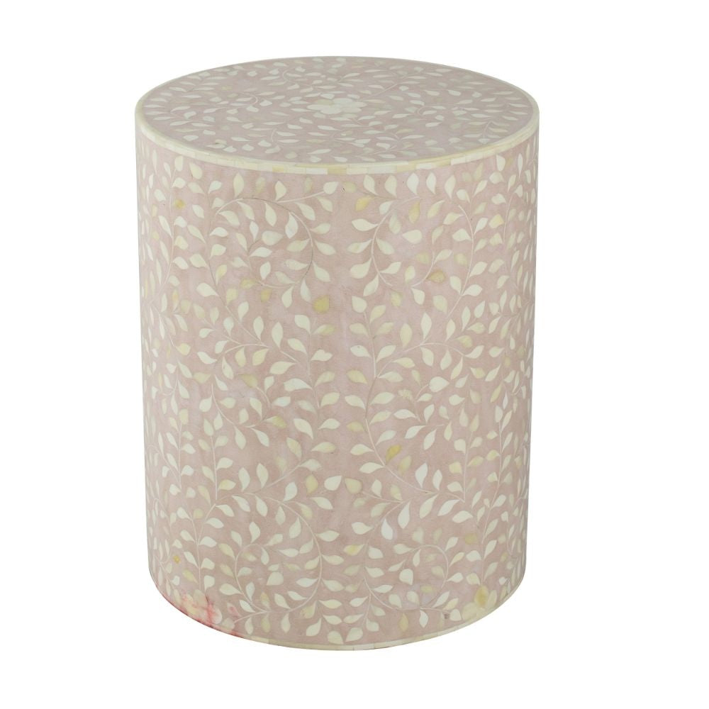 20 Inch Round Side End Table, Filigree Bone Inlay, Wood, Pale Pink, White By Casagear Home