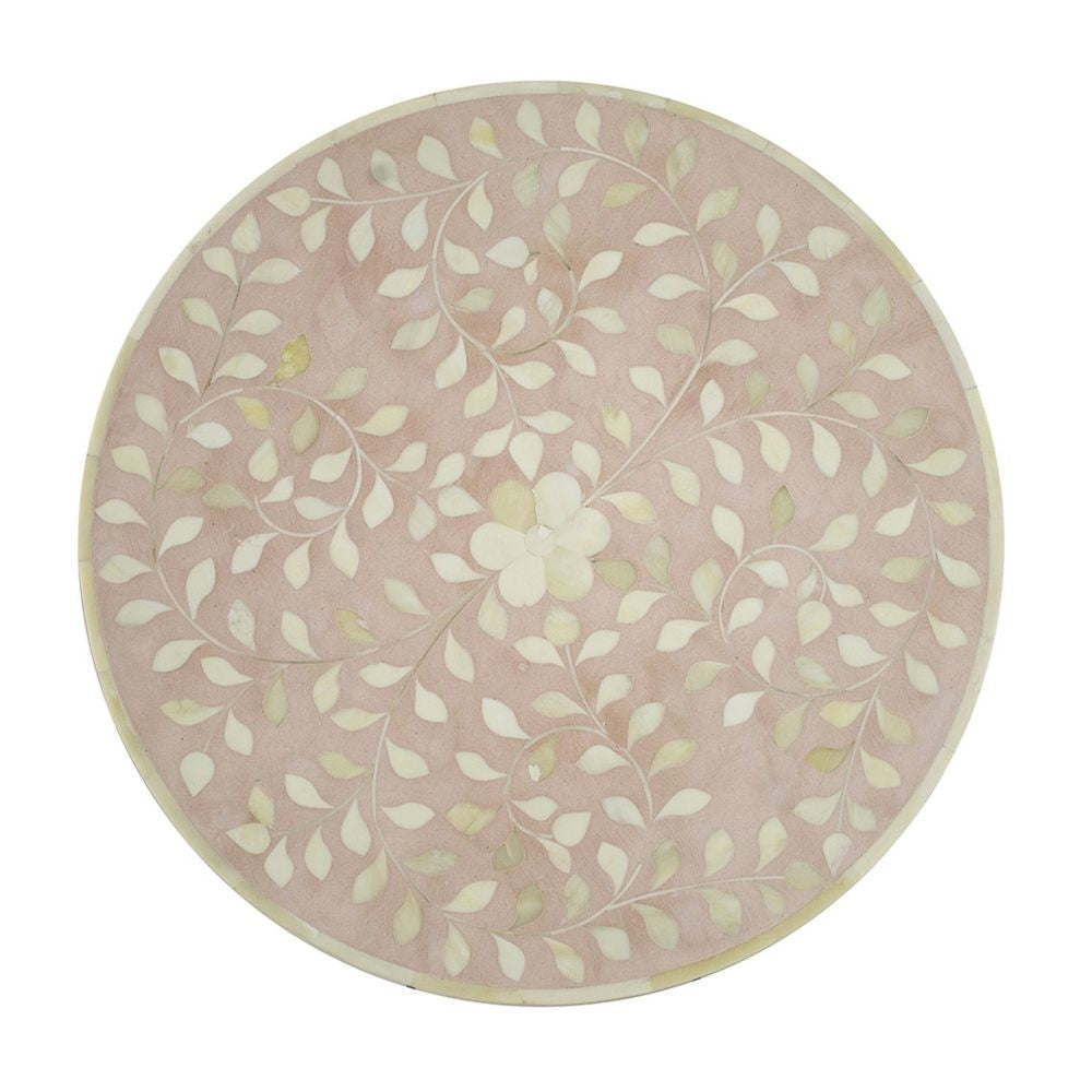 20 Inch Round Side End Table Filigree Bone Inlay Wood Pale Pink White By Casagear Home BM284807