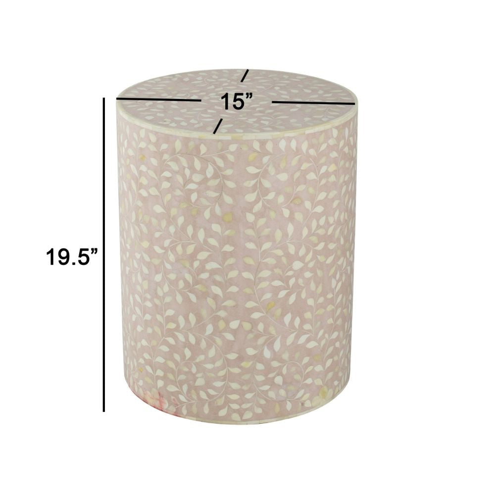 20 Inch Round Side End Table Filigree Bone Inlay Wood Pale Pink White By Casagear Home BM284807