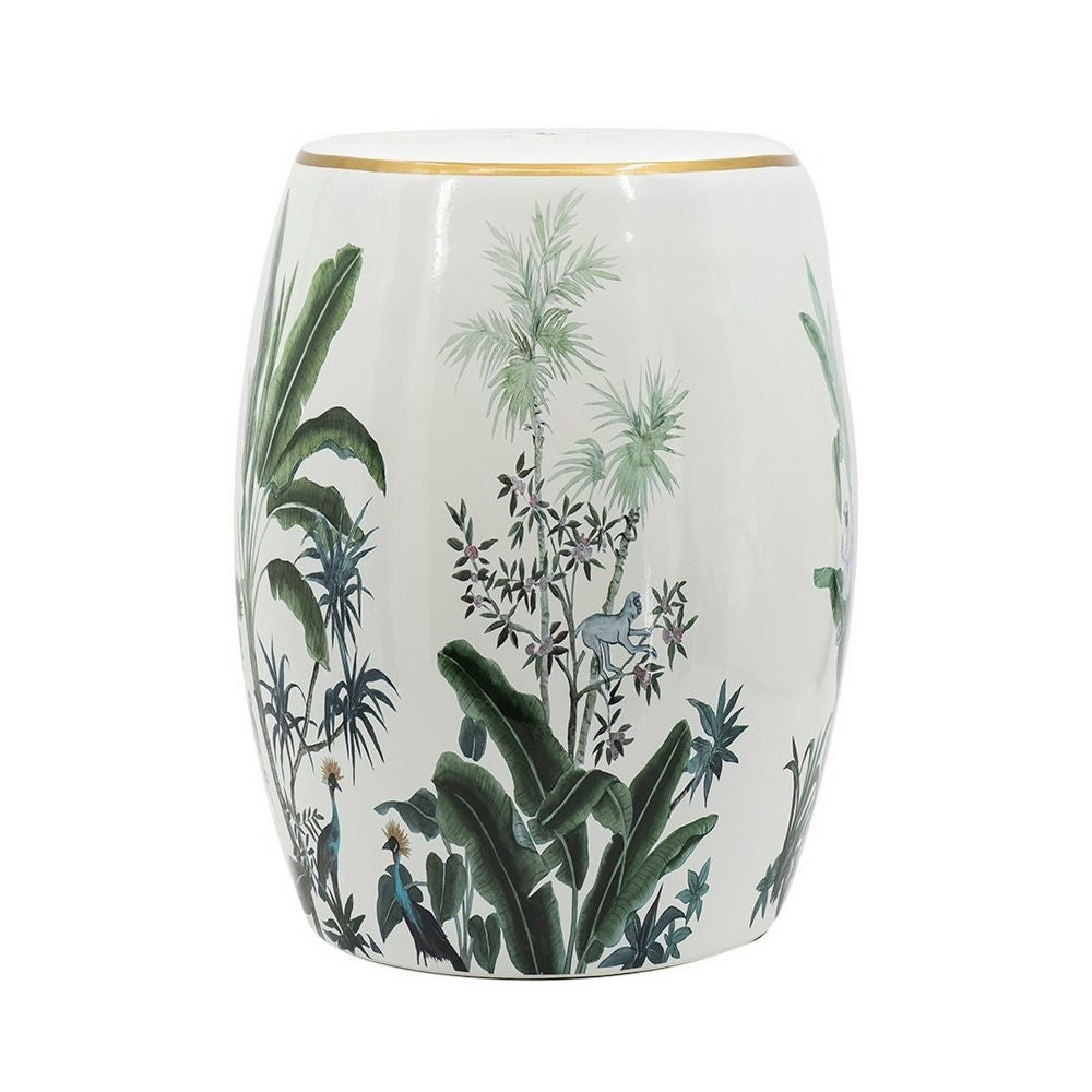 18 Inch Ceramic Accent Table Drum Shape Tropical Leaves Print White Green By Casagear Home BM284924