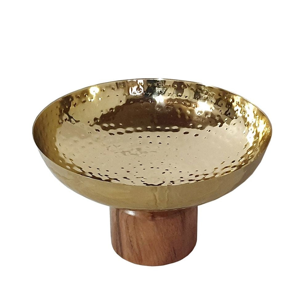 Roe 10 Inch Medium Acacia Wood Table Bowl Steel Decorative Gold Brown By Casagear Home BM284951