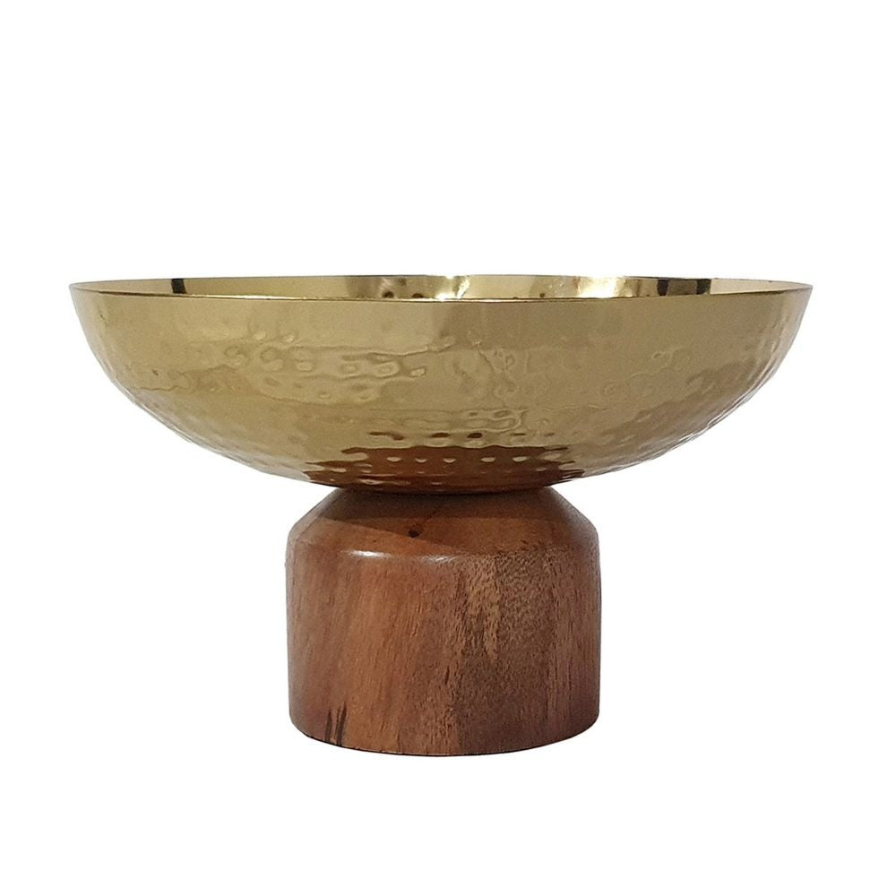 Roe 8 Inch Small Acacia Wood Table Bowl Steel Decorative Gold and Brown By Casagear Home BM284952