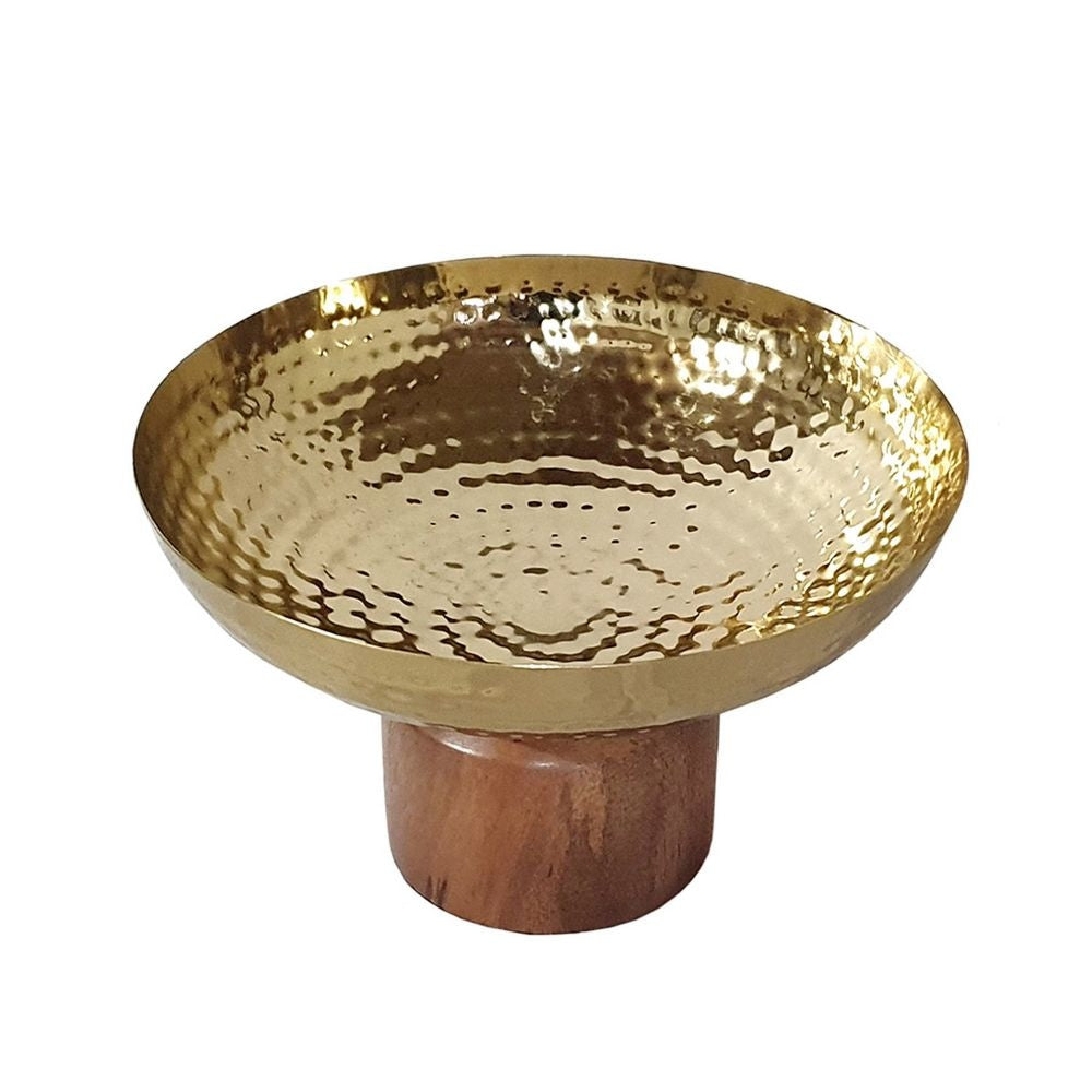 Roe 8 Inch Small Acacia Wood Table Bowl Steel Decorative Gold and Brown By Casagear Home BM284952