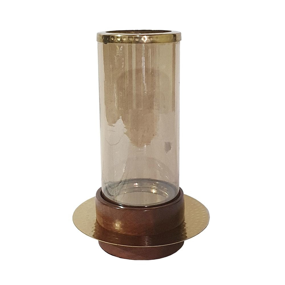 11 Inch Glass Hurricane Candle Holder, Acacia Wood, Small, Gold FInish By Casagear Home