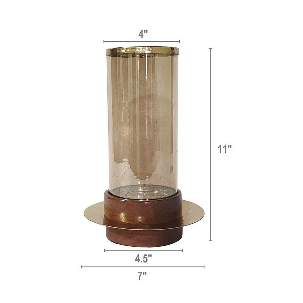 11 Inch Glass Hurricane Candle Holder Acacia Wood Small Gold FInish By Casagear Home BM284962