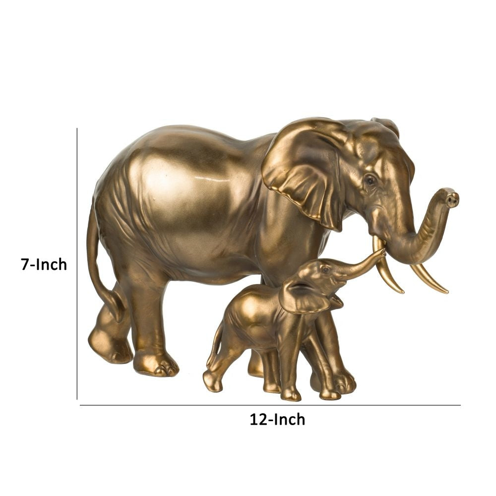 Don 12 Inch Elephant and Baby Statuette Table Accent Decor Gold Polyresin By Casagear Home BM284978