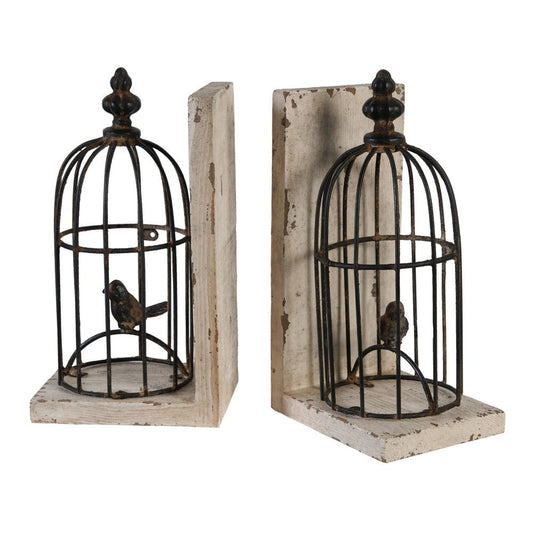 Ari Set of 2 Classic Bookends, Birdcage, Iron and Fir Wood, Black, Brown By Casagear Home