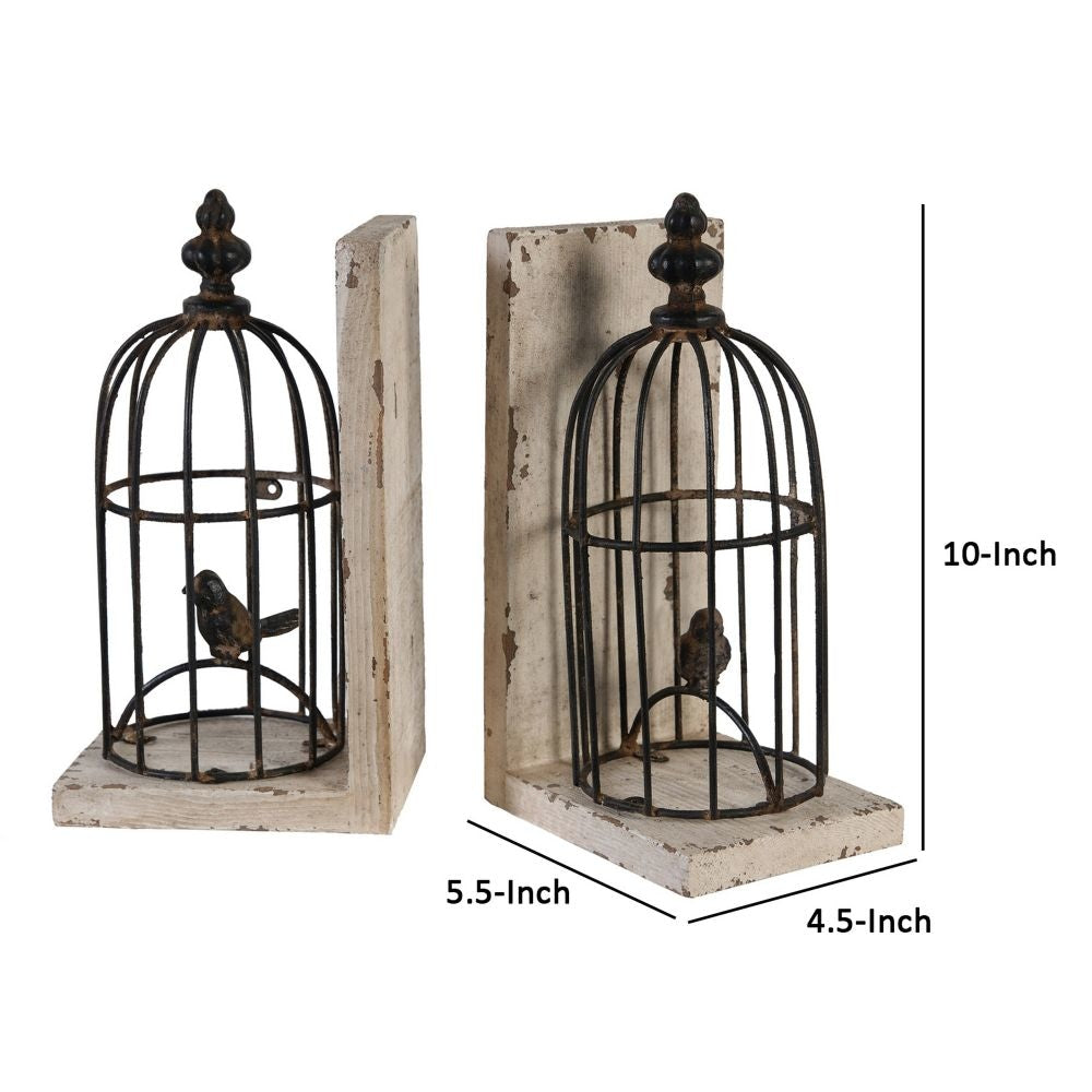 Ari Set of 2 Classic Bookends Birdcage Iron and Fir Wood Black Brown By Casagear Home BM284986