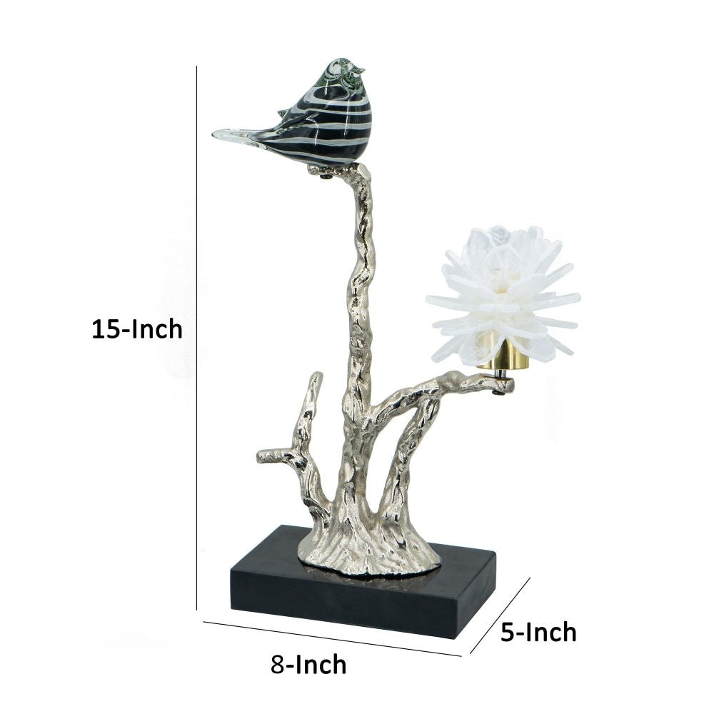 Sue 15 Inch Accent Decor Figurine Bird on a Branch Flower Black Silver By Casagear Home BM285005