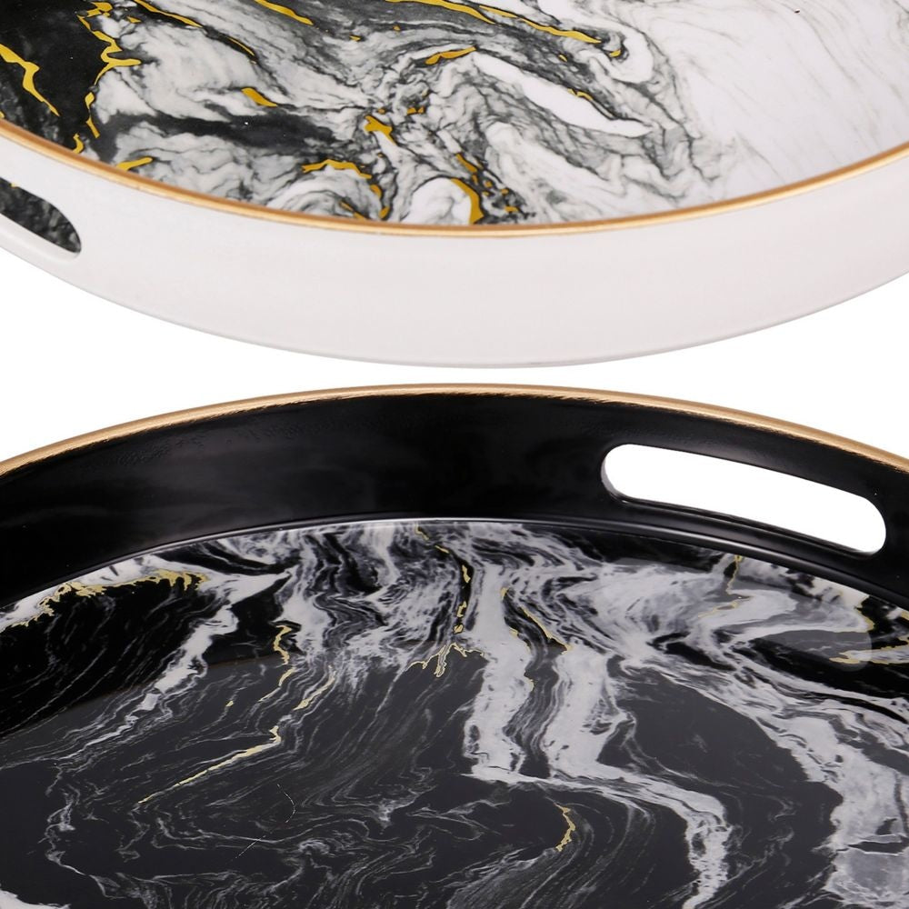 Set of 2 Round Accent Trays Tabletop Decor Marbling Black White Gold By Casagear Home BM285013