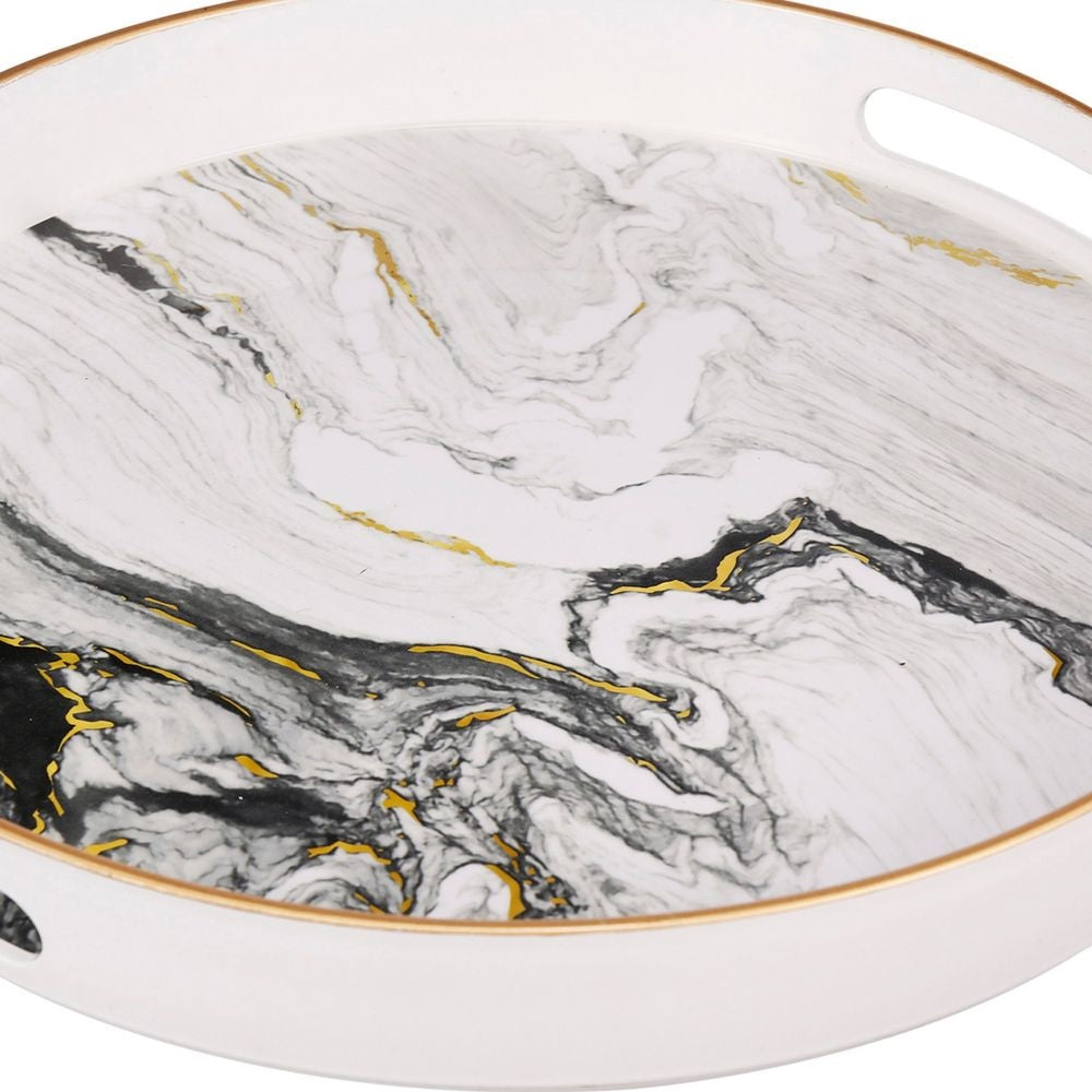 Set of 2 Round Accent Trays Tabletop Decor Marbling Black White Gold By Casagear Home BM285013