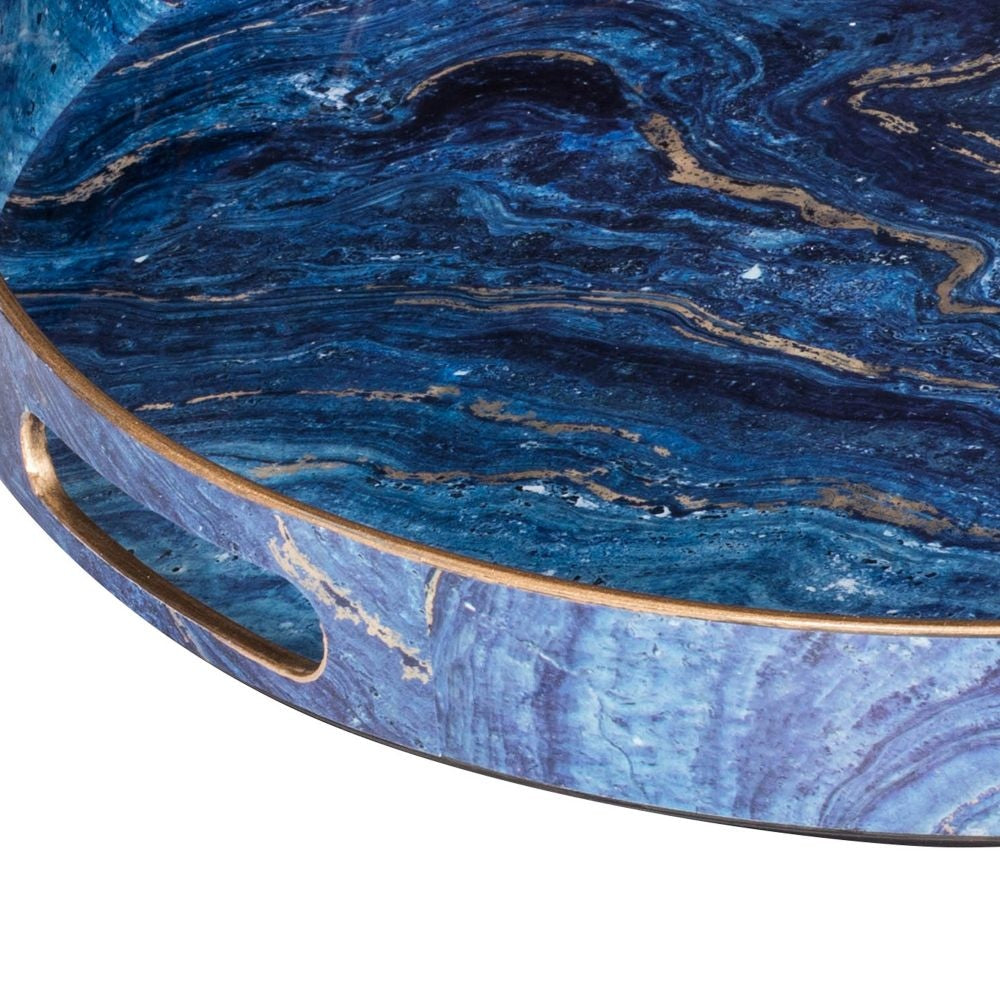 Set of 2 Round Accent Trays Tabletop Decor Marbling Blue Gold Marbling By Casagear Home BM285014