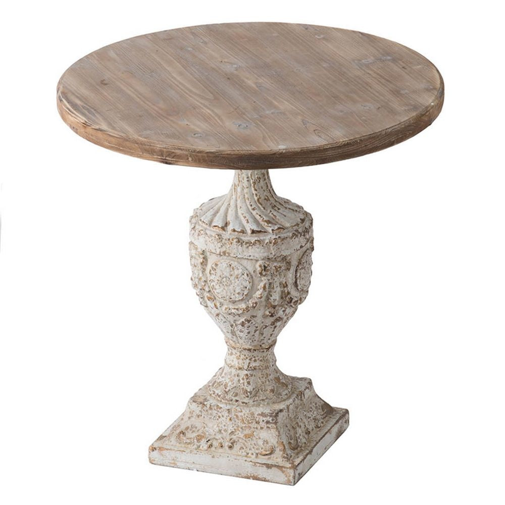 31 Inch Round Accent Side Table Fir Wood Engraved Brown Antique White By Casagear Home BM285037