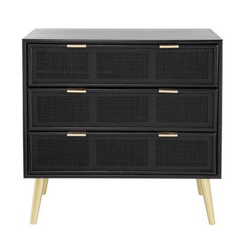 31 Inch Dresser Chest Cabinet 3 Drawers Woven Rattan Modern Black Gold By Casagear Home BM285092