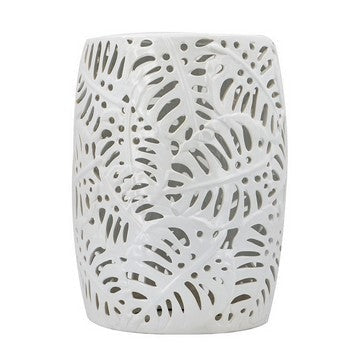 19 Inch Stool Table Round Drum Ceramic Palm Leaf Design Glossy White By Casagear Home BM285126